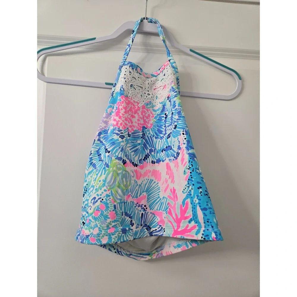 Lilly Pulitzer Girls Blue Pink Coral Reef Butterfly Lace Halter Tankini Top 10